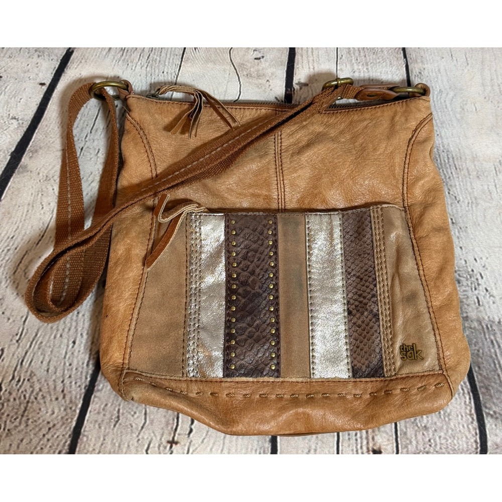 The Sak Tan Leather Crossbody Bag Mixed Media Studded Snakeskin Boho Messenger